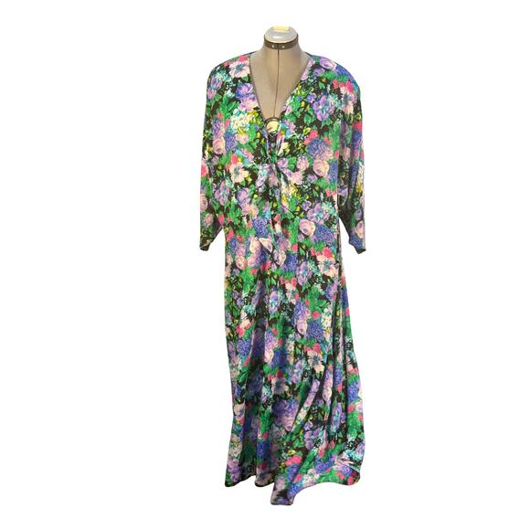 Volup Vintage 90s Venezia Floral Deep V Neckline Bat Sleeves Boho Maxi Dress 26 - Picture 1 of 6